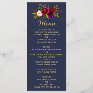 Navy Blue Burgundy Floral Script Wedding Menu