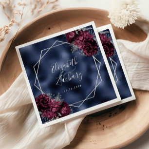 Navy Blue Burgundy Floral Silver Geometric Wedding Napkins