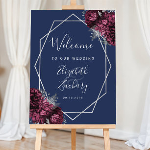 Navy Blue Burgundy Floral Silver Wedding Welcome Foam Board