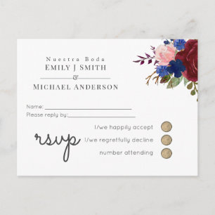 Navy Blue Burgundy Floral Spanish Boda RSVP Invitation Postcard