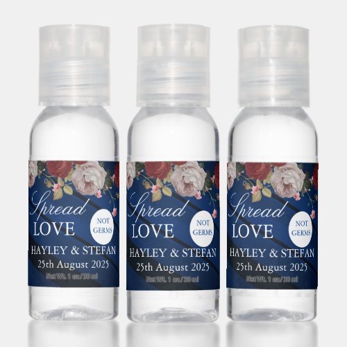 Navy Blue Burgundy Floral Spread Love Wedding Hand Sanitizer