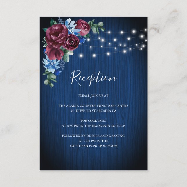 Navy Blue Burgundy Floral String Lights Wedding Enclosure Card (Front)