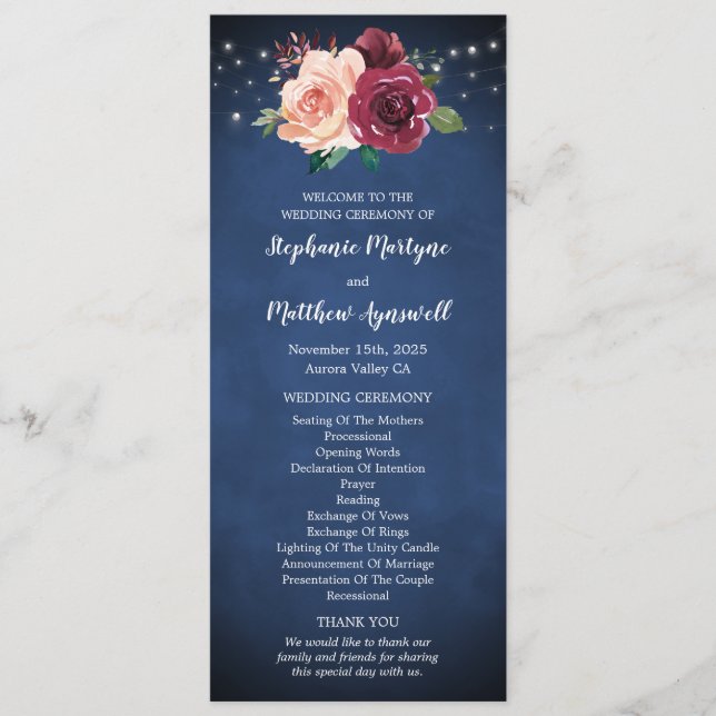 Navy Blue Burgundy Floral String Lights Wedding Program (Front)