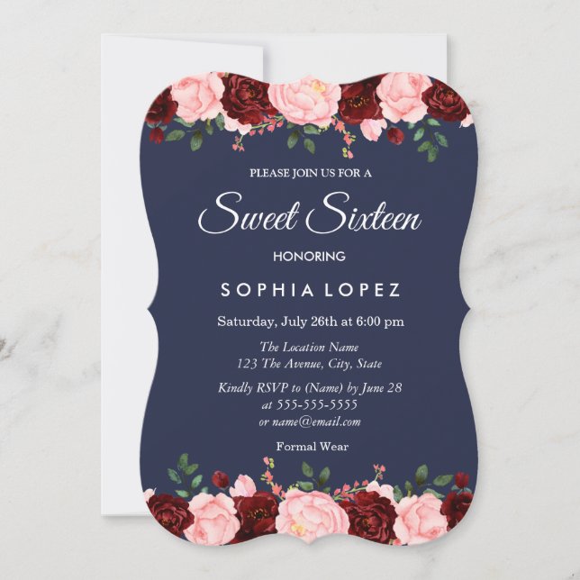 Navy Blue Burgundy Floral Sweet 16 Invitation (Front)