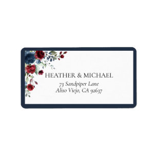 Navy Blue Burgundy Floral Watercolor Address Label