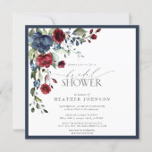 Navy Blue Burgundy Floral Watercolor Bridal Shower Invitation (Front)