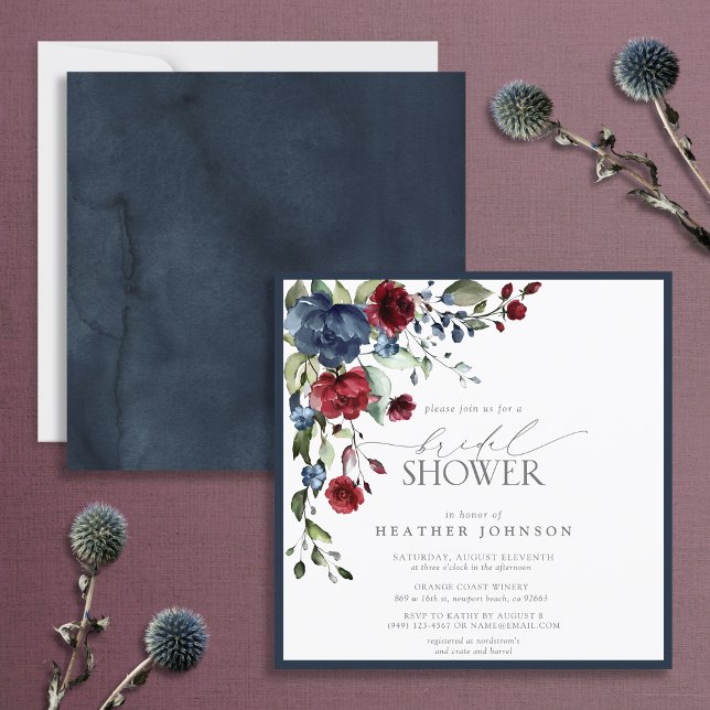 Navy Blue Burgundy Floral Watercolor Bridal Shower Invitation