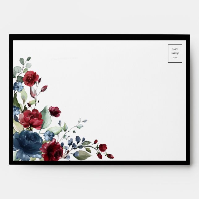 Navy Blue Burgundy Floral Watercolor Envelope (Front)