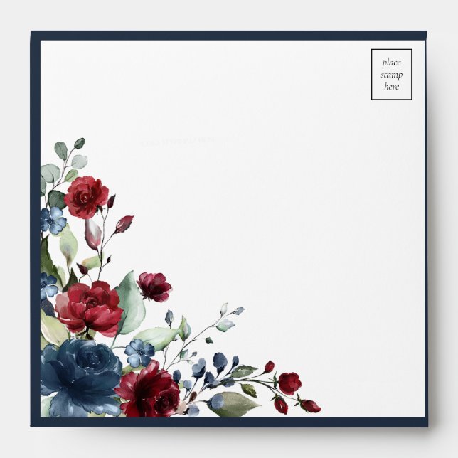 Navy Blue Burgundy Floral Watercolor Envelope (Front)
