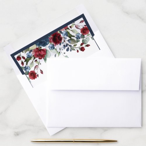 Navy Blue Burgundy Floral Watercolor Envelope Liner