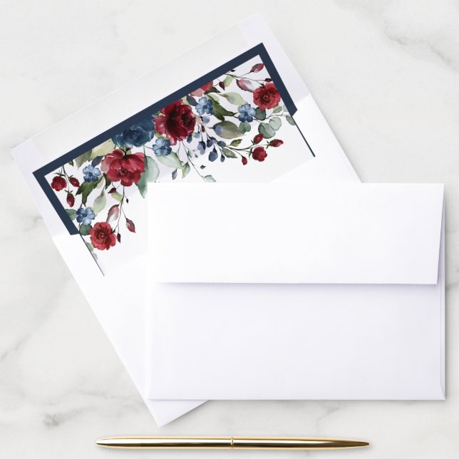 Navy Blue Burgundy Floral Watercolor Envelope Liner (Desk)