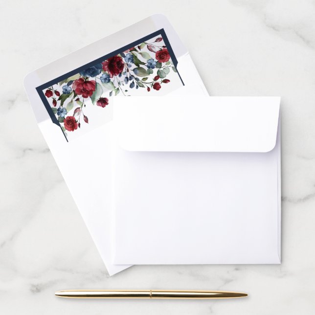 Navy Blue Burgundy Floral Watercolor Envelope Liner (Desk)