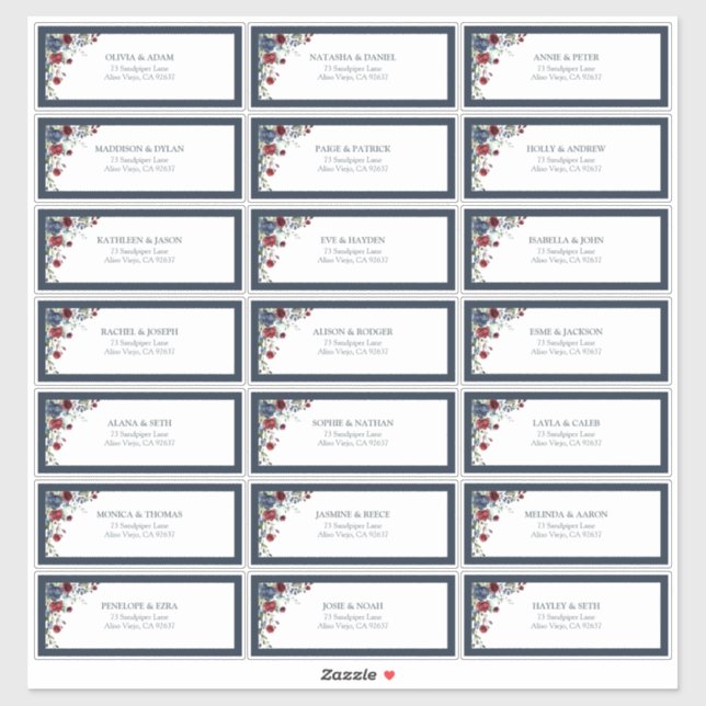 Navy Blue Burgundy Floral Watercolor Guest Address Sticker (Sheet)