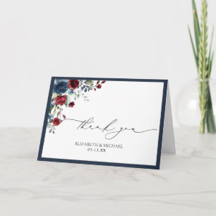 Navy Blue Burgundy Floral Watercolor Photo Wedding Card