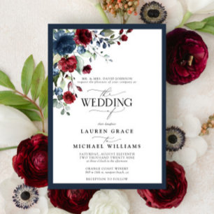 Navy Blue Burgundy Floral Watercolor Script Invita Invitation
