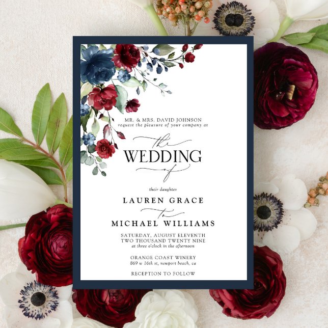 Navy Blue Burgundy Floral Watercolor Script Invita Invitation (Creator Uploaded)