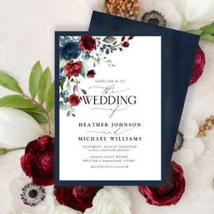 Navy Blue Burgundy Floral Watercolor Script Invitation