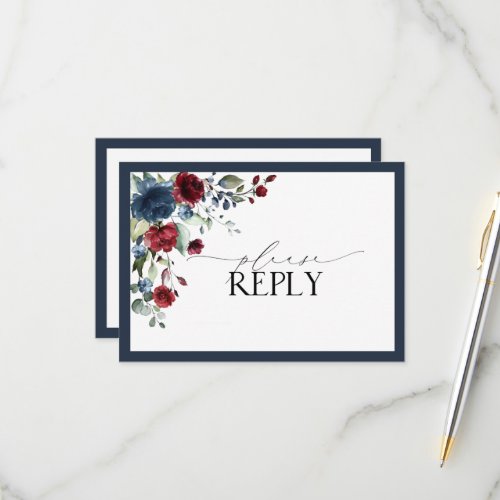 Navy Blue Burgundy Floral Watercolor Script RSVP