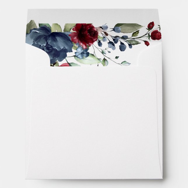 Navy Blue Burgundy Floral Watercolor Square Envelope (Back (Bottom))