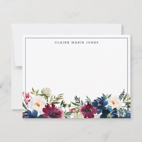 Navy Blue Burgundy Floral Watercolor Thin Border Note Card