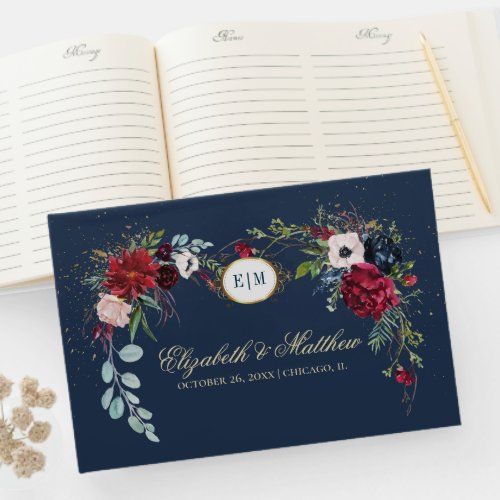 Navy Blue  Burgundy Floral Watercolor Wedding Guest Book