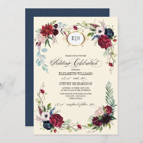 Navy Blue  Burgundy Floral Watercolor Wedding Invitation