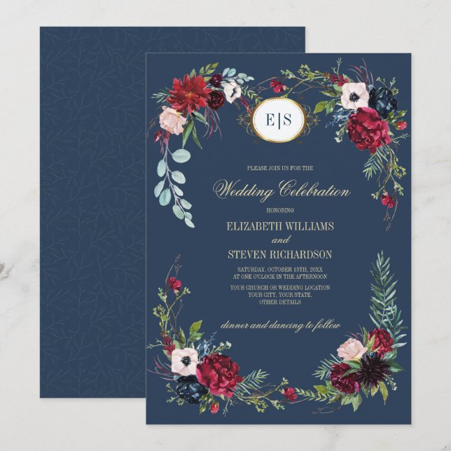 Navy Blue | Burgundy Floral Watercolor Wedding Invitation (Front/Back)