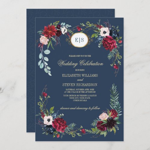 Navy Blue  Burgundy Floral Watercolor Wedding Invitation