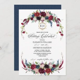 Navy Blue Burgundy Floral Watercolor Wedding Invitation