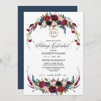 Navy Blue | Burgundy Floral Watercolor Wedding Invitation by YourWeddingDay at Zazzle