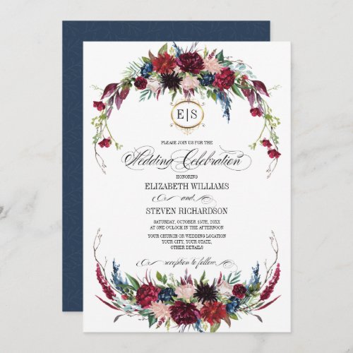 Navy Blue  Burgundy Floral Watercolor Wedding Invitation