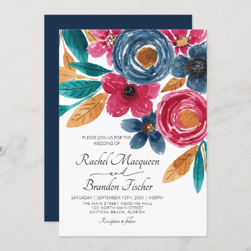 Navy Blue Burgundy Floral Watercolor Wedding Invitation