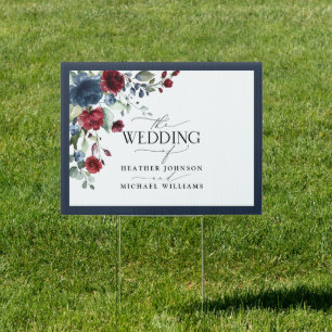 Navy Blue Burgundy Floral Watercolor Wedding Sign