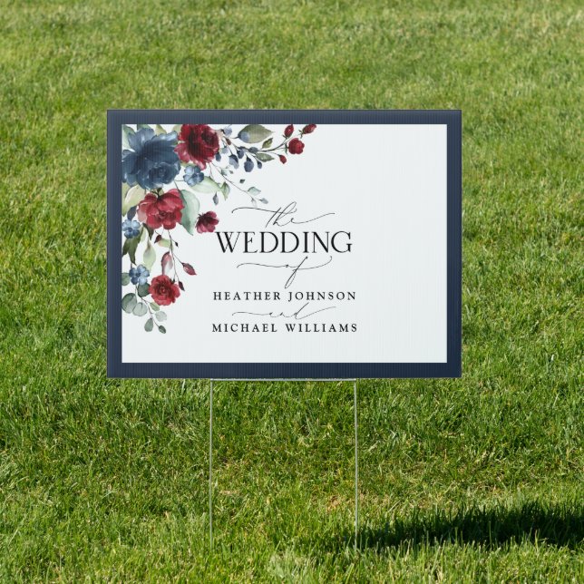 Navy Blue Burgundy Floral Watercolor Wedding Sign (Insitu)