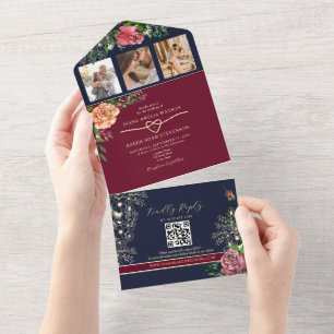 Navy Blue Burgundy Floral Wedding All In One Invitation