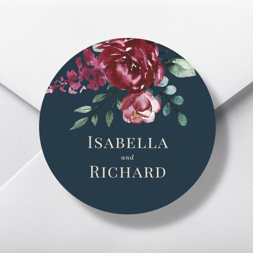 Navy Blue  Burgundy Floral Wedding  Classic Round Sticker