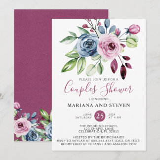 Navy Blue Burgundy Floral Wedding Couples Shower Invitation