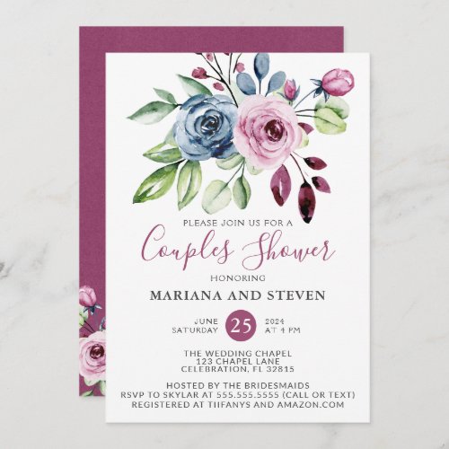 Navy Blue Burgundy Floral Wedding Couples Shower Invitation