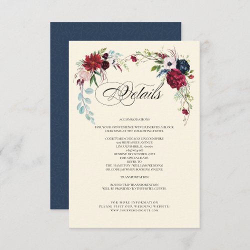 Navy Blue  Burgundy Floral Wedding Detail Card