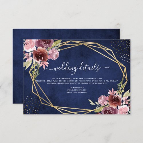 Navy Blue Burgundy Floral Wedding Details Invitation