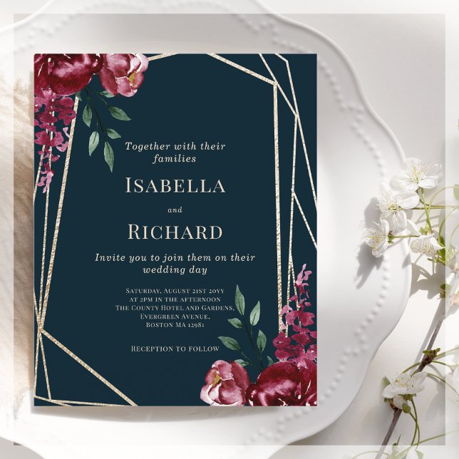 Navy Blue | Burgundy Floral Wedding Invitation (Creator Uploaded)