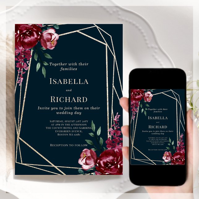 Navy Blue | Burgundy Floral Wedding Invitation (Creator Uploaded)