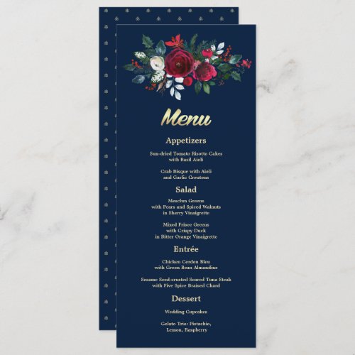 Navy Blue Burgundy Floral Wedding Menu Cards