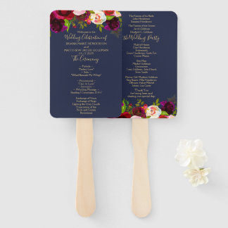 Navy Blue Burgundy Floral Wedding Program Hand Fan