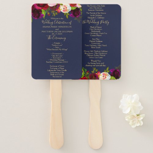 Navy Blue Burgundy Floral Wedding Program Hand Fan