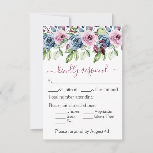 Navy Blue Burgundy Floral Wedding RSVP Card