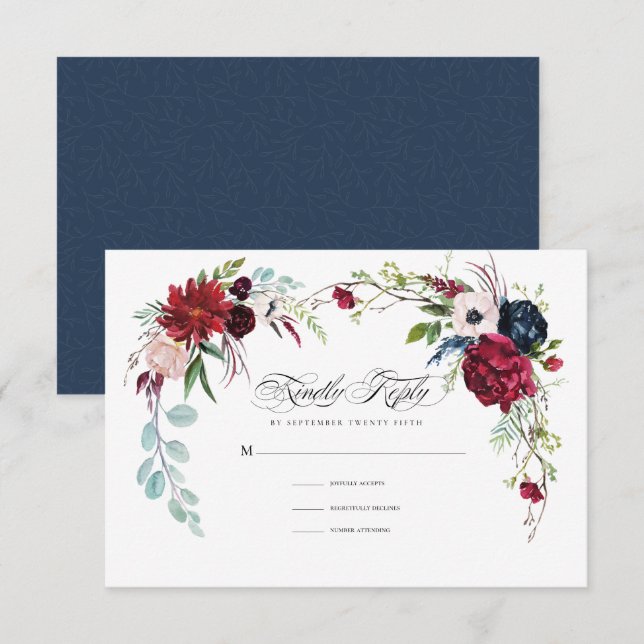 Navy Blue | Burgundy Floral Wedding RSVP Card (Front/Back)