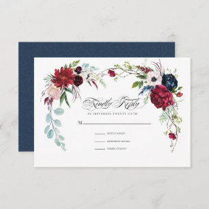 Navy Blue Burgundy Floral Wedding RSVP Card
