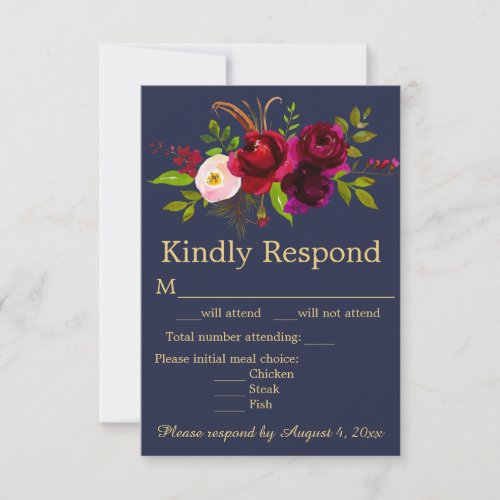 Navy Blue Burgundy Floral Wedding RSVP Card