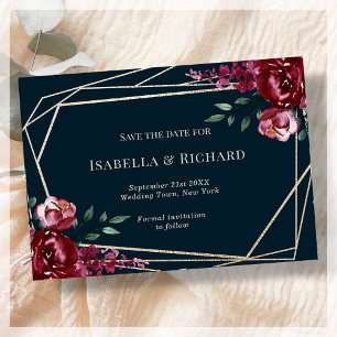 Navy Blue Burgundy Floral Wedding Save The Date